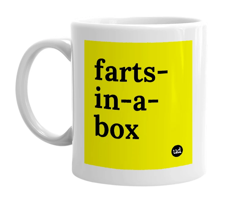 White mug with 'farts-in-a-box' in bold black letters