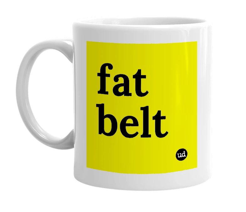 White mug with 'fat belt' in bold black letters