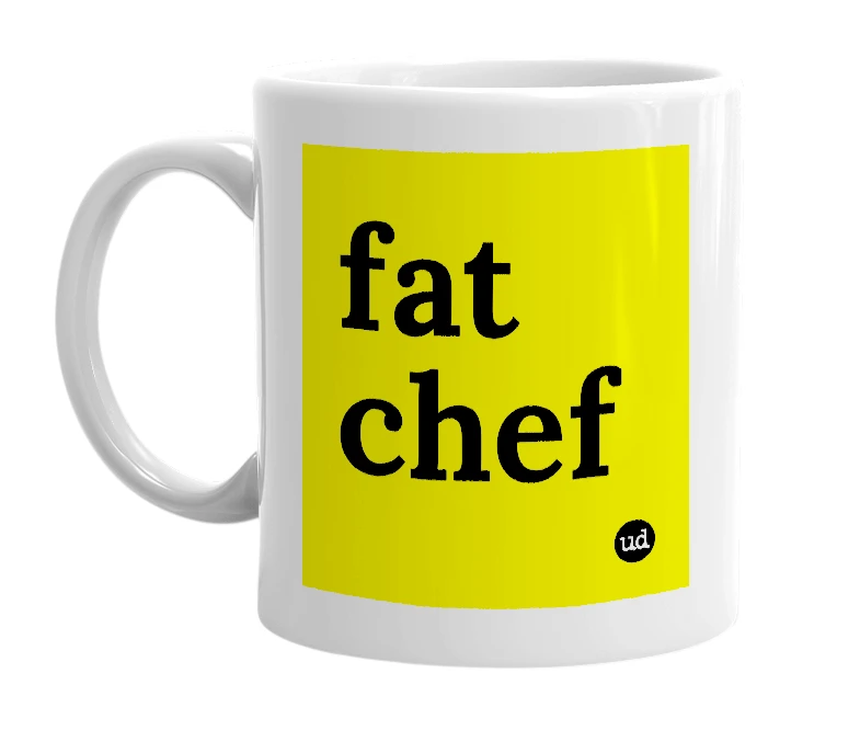 White mug with 'fat chef' in bold black letters