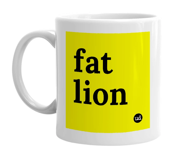 White mug with 'fat lion' in bold black letters