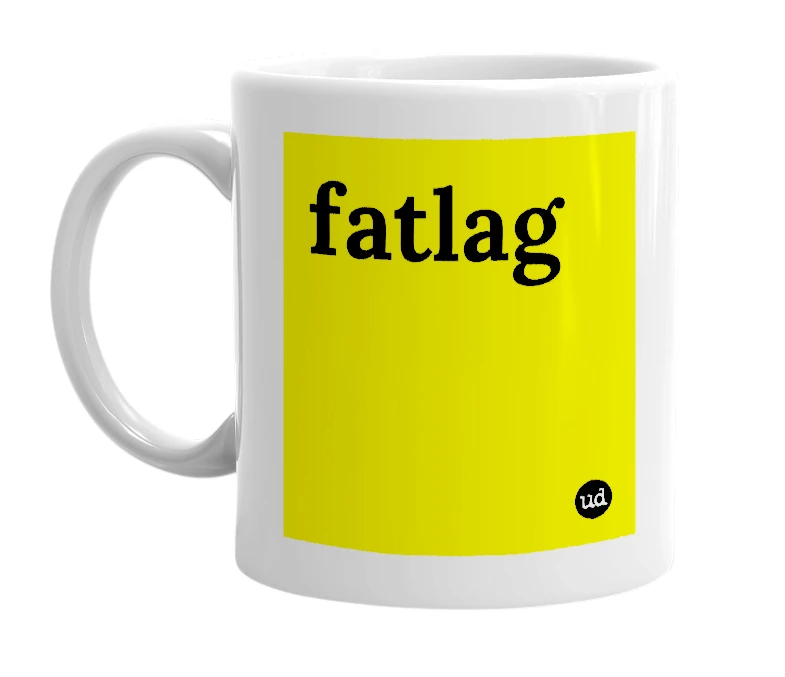 White mug with 'fatlag' in bold black letters