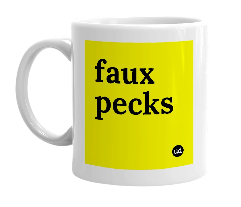 White mug with 'faux pecks' in bold black letters