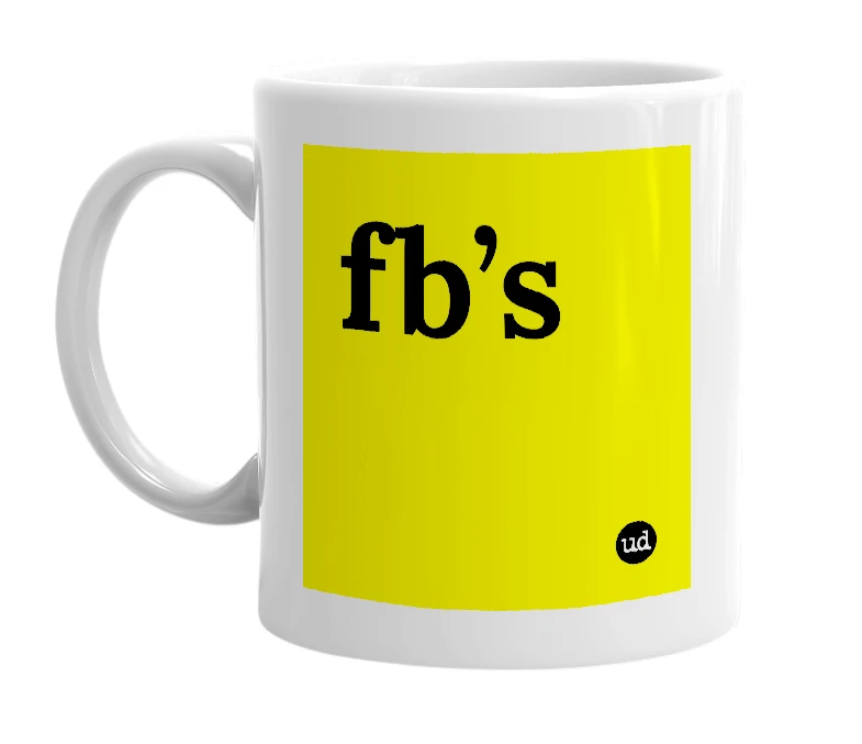 White mug with 'fb’s' in bold black letters
