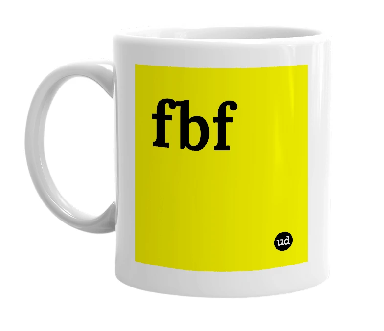 White mug with 'fbf' in bold black letters