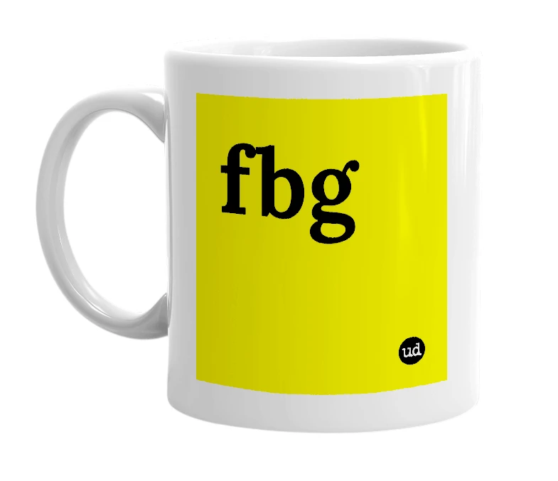 White mug with 'fbg' in bold black letters