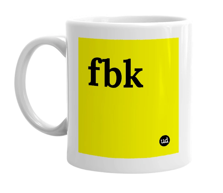 White mug with 'fbk' in bold black letters