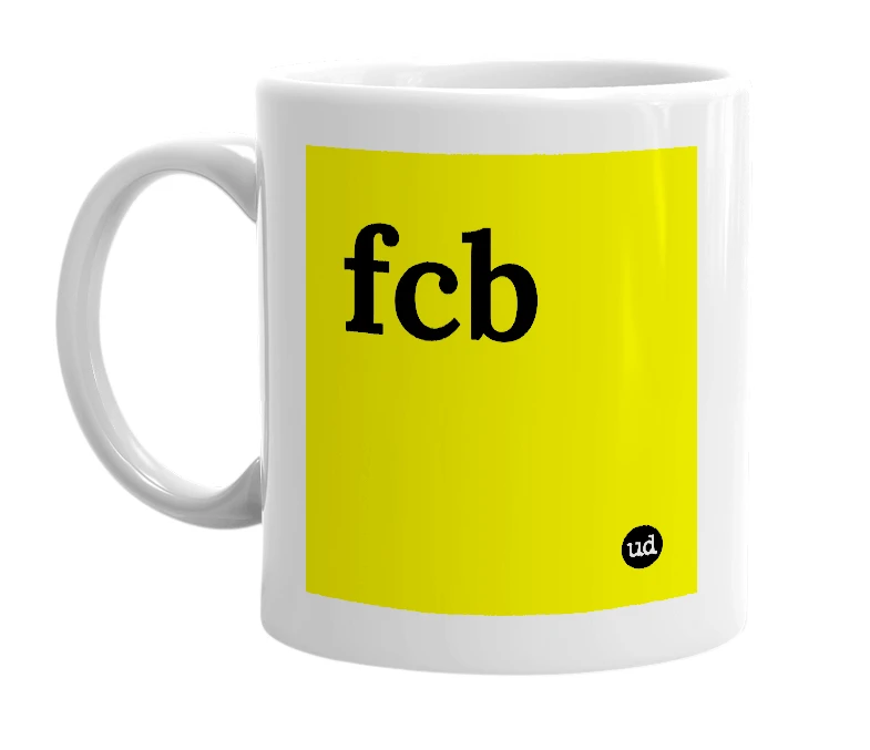 White mug with 'fcb' in bold black letters