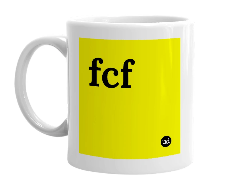 White mug with 'fcf' in bold black letters