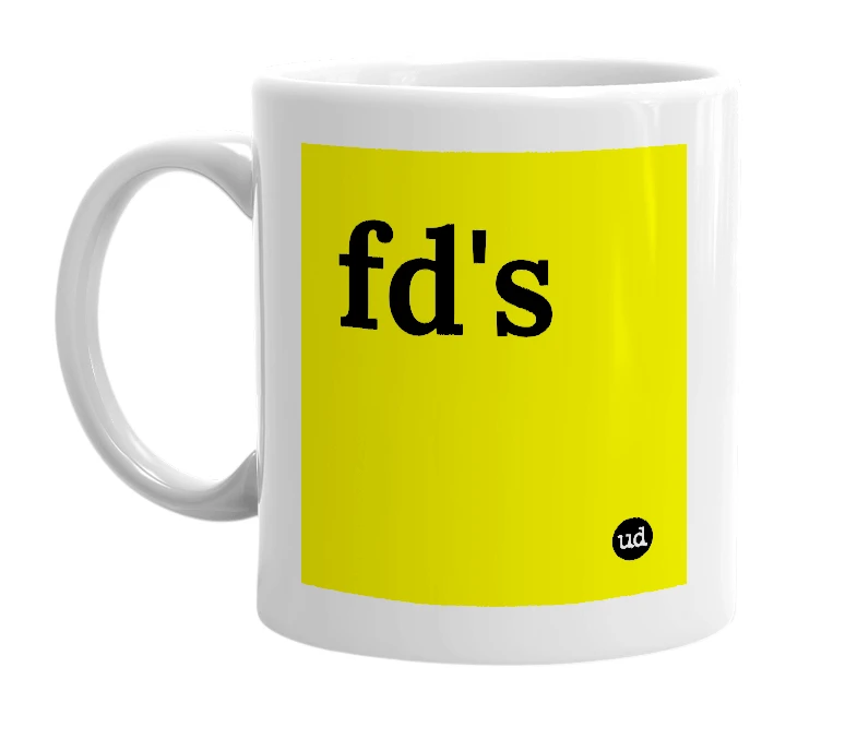 White mug with 'fd's' in bold black letters