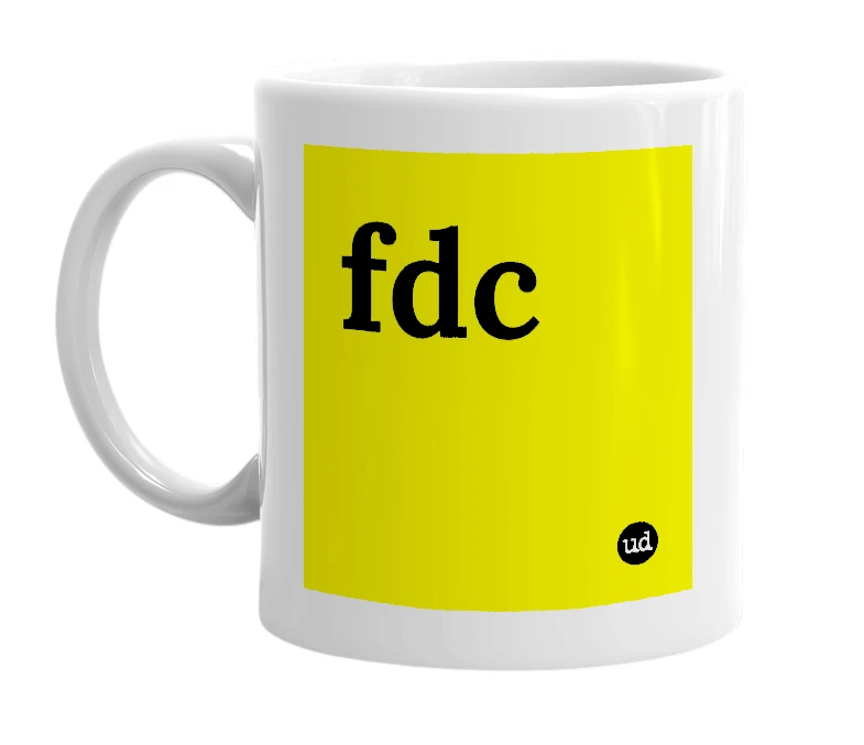 White mug with 'fdc' in bold black letters