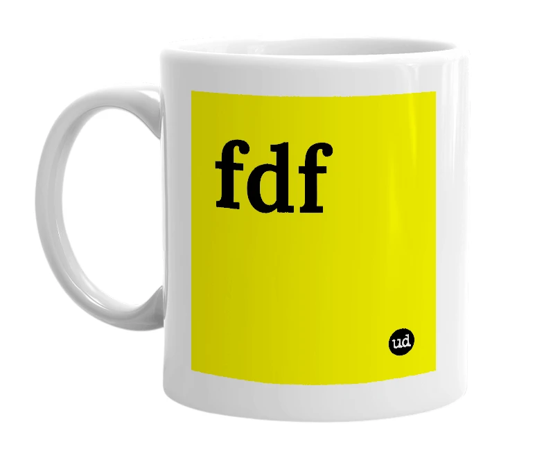 White mug with 'fdf' in bold black letters