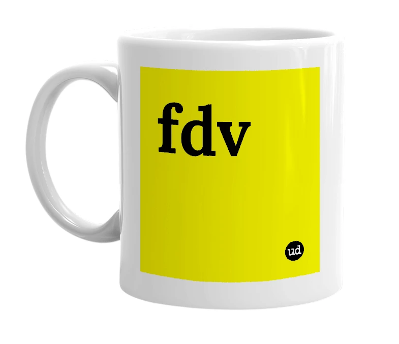 White mug with 'fdv' in bold black letters