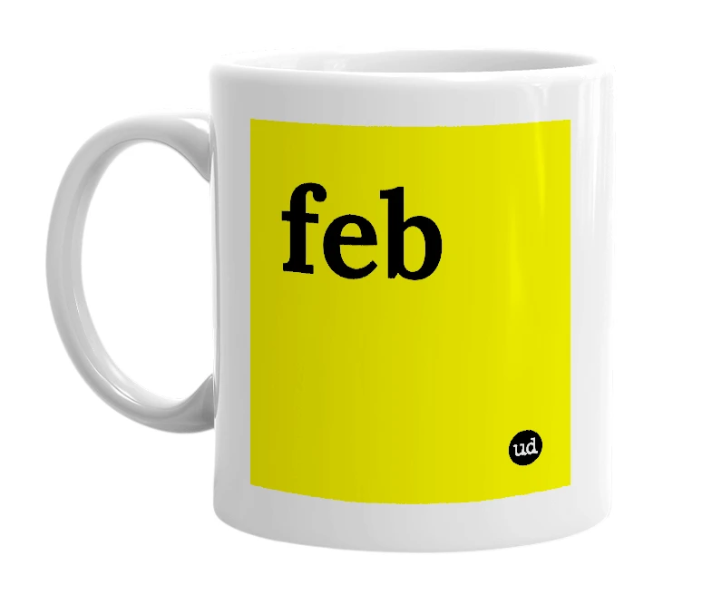 White mug with 'feb' in bold black letters
