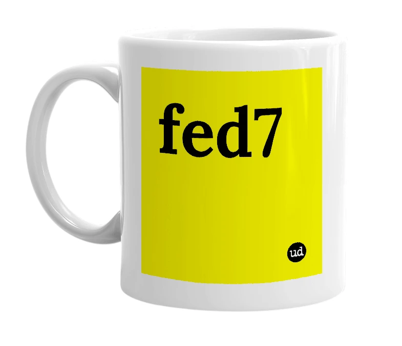 White mug with 'fed7' in bold black letters