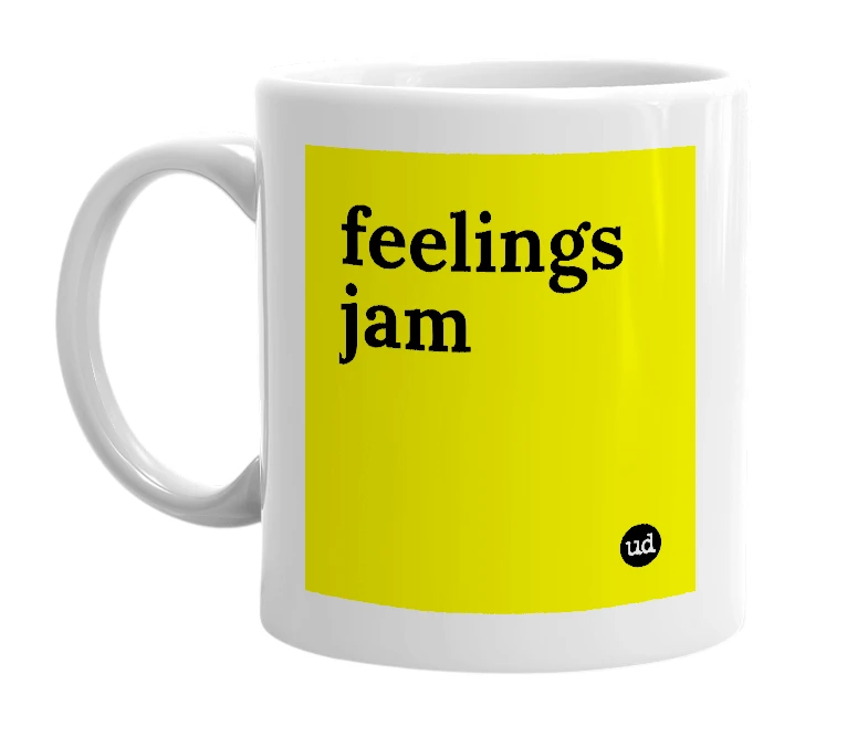 White mug with 'feelings jam' in bold black letters