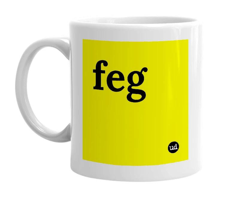 White mug with 'feg' in bold black letters