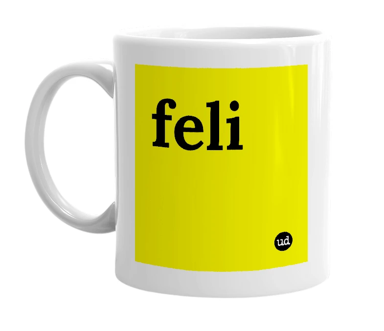 White mug with 'feli' in bold black letters