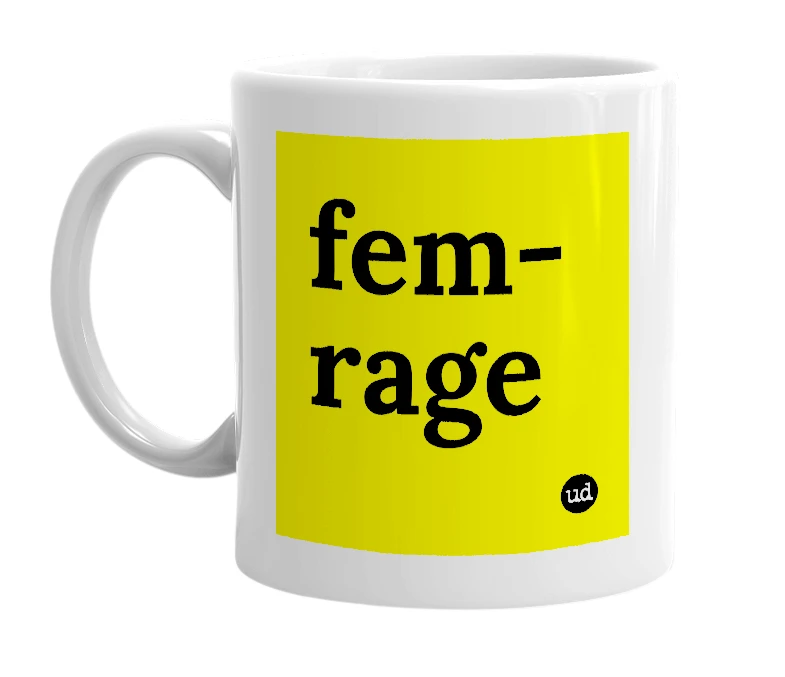 White mug with 'fem-rage' in bold black letters