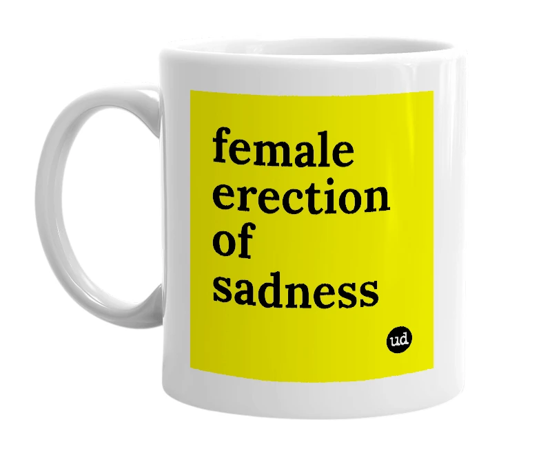 White mug with 'female erection of sadness' in bold black letters