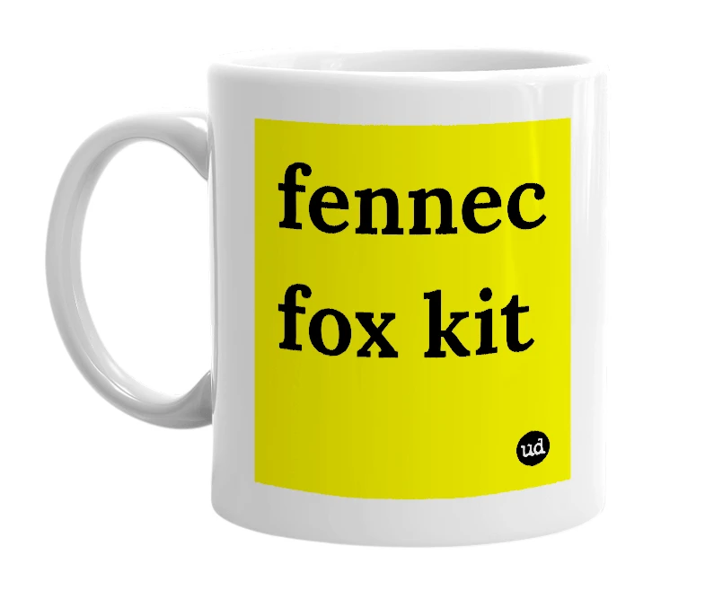 White mug with 'fennec fox kit' in bold black letters