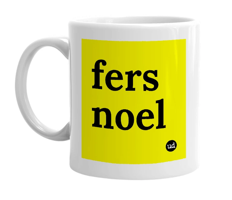 White mug with 'fers noel' in bold black letters