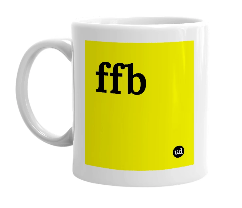 White mug with 'ffb' in bold black letters
