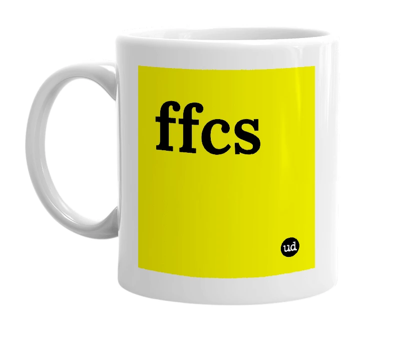 White mug with 'ffcs' in bold black letters