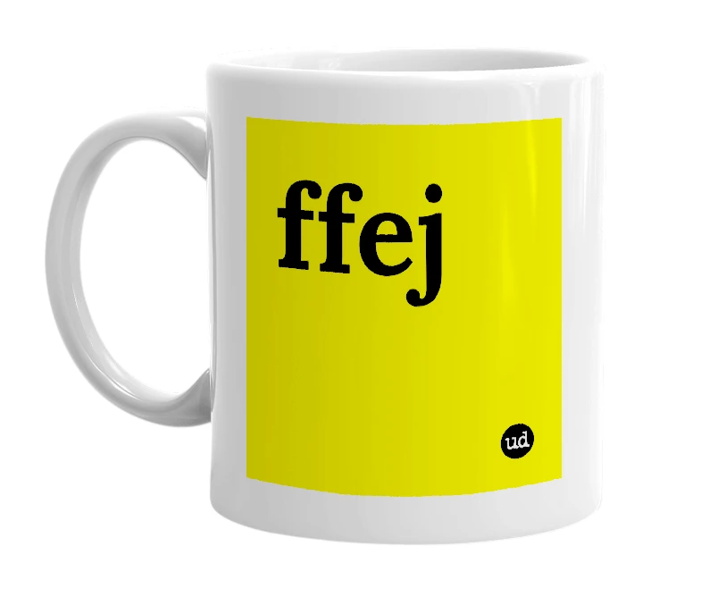 White mug with 'ffej' in bold black letters