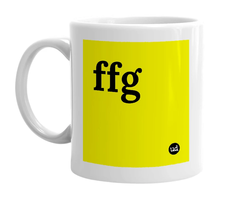 White mug with 'ffg' in bold black letters