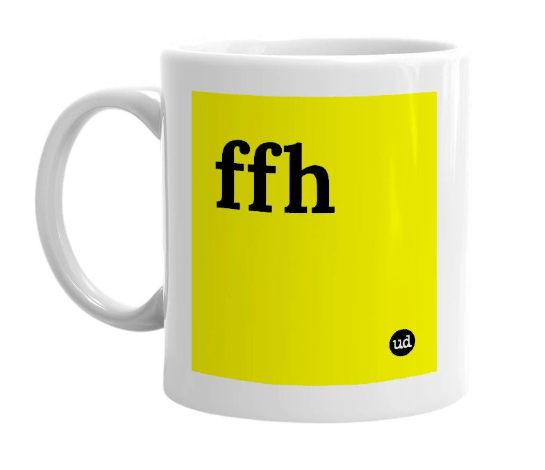 White mug with 'ffh' in bold black letters