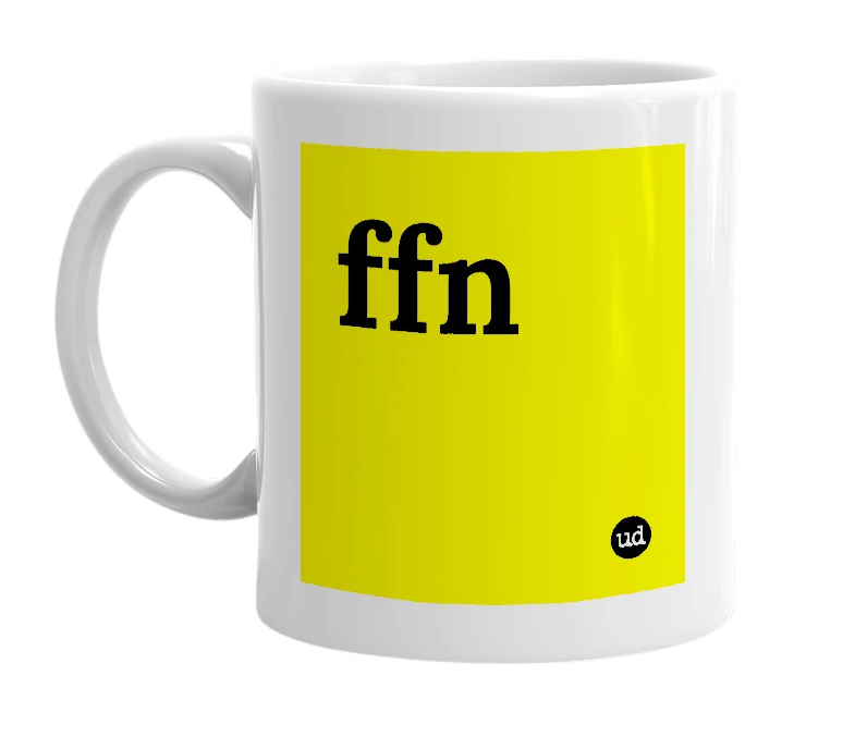 White mug with 'ffn' in bold black letters