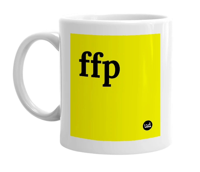 White mug with 'ffp' in bold black letters