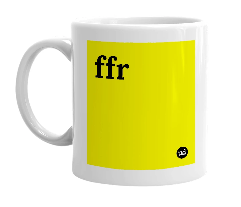 White mug with 'ffr' in bold black letters