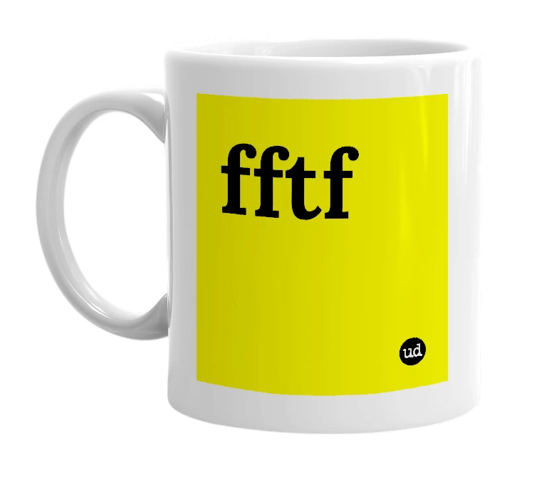 White mug with 'fftf' in bold black letters