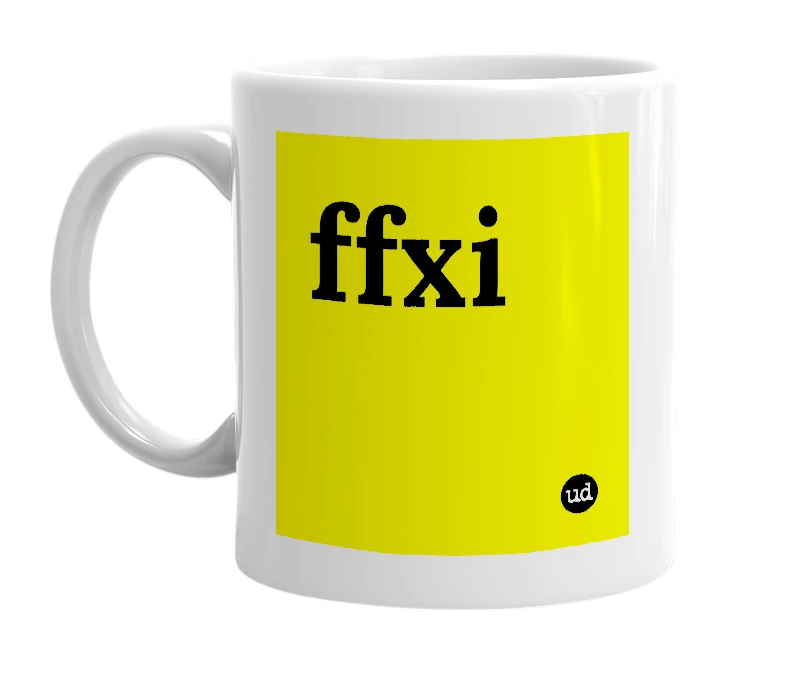 White mug with 'ffxi' in bold black letters