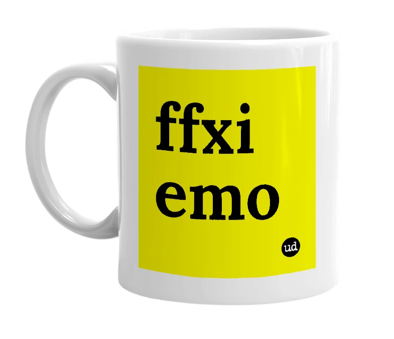 White mug with 'ffxi emo' in bold black letters