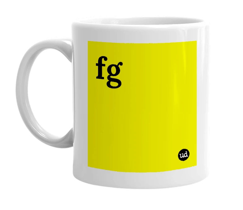 White mug with 'fg' in bold black letters