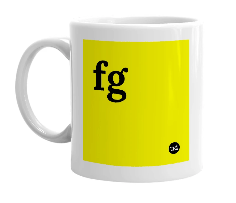 White mug with 'fg' in bold black letters