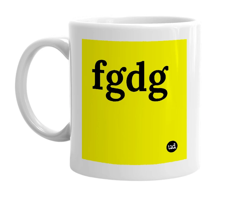 White mug with 'fgdg' in bold black letters