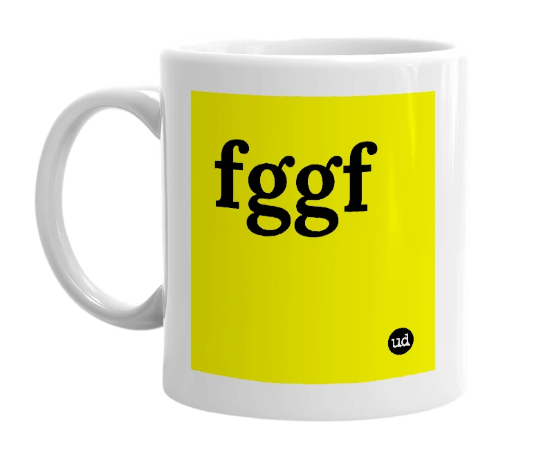 White mug with 'fggf' in bold black letters