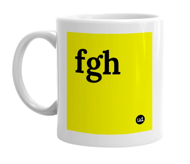 White mug with 'fgh' in bold black letters