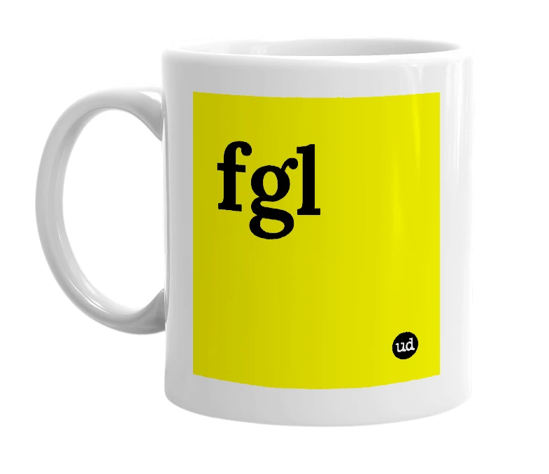 White mug with 'fgl' in bold black letters
