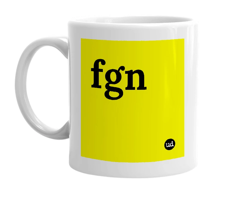 White mug with 'fgn' in bold black letters