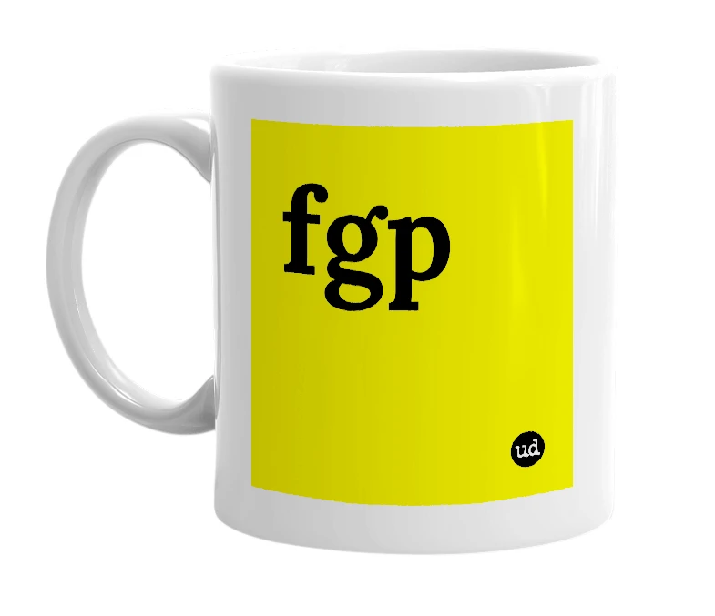 White mug with 'fgp' in bold black letters