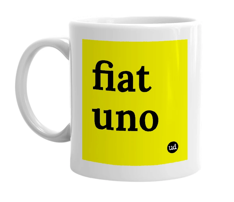 White mug with 'fiat uno' in bold black letters