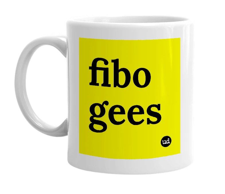 White mug with 'fibo gees' in bold black letters