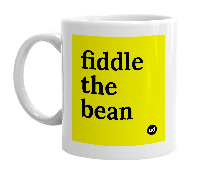 White mug with 'fiddle the bean' in bold black letters