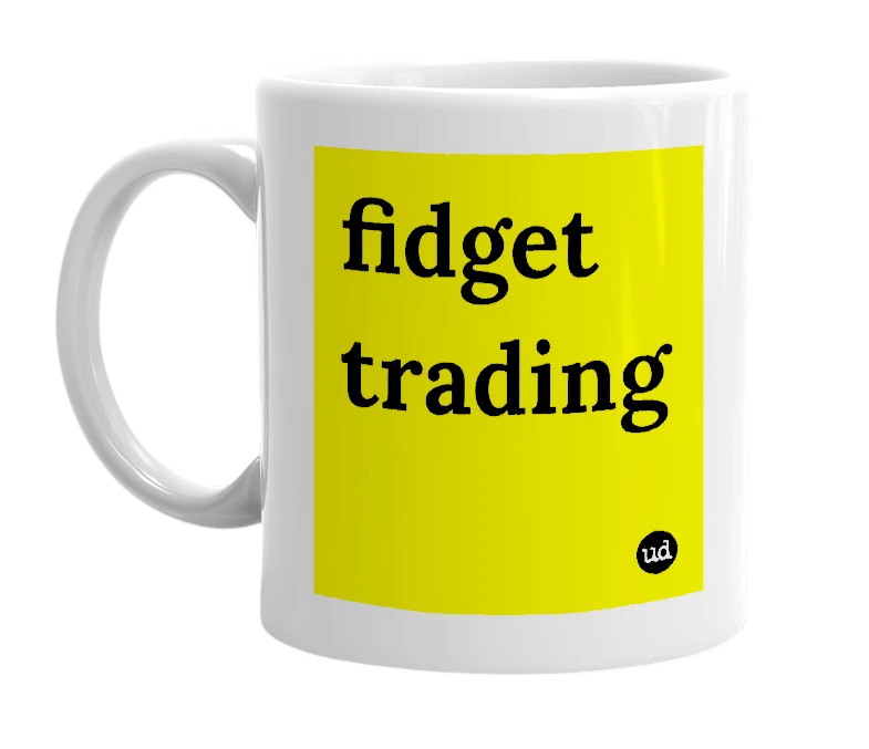 White mug with 'fidget trading' in bold black letters