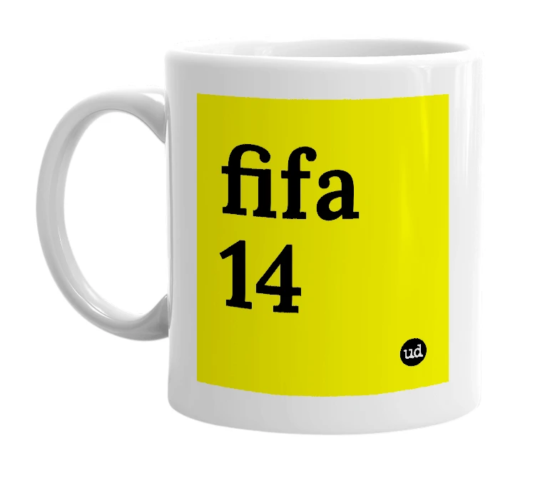 White mug with 'fifa 14' in bold black letters