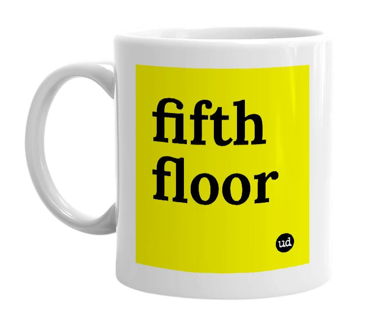 White mug with 'fifth floor' in bold black letters